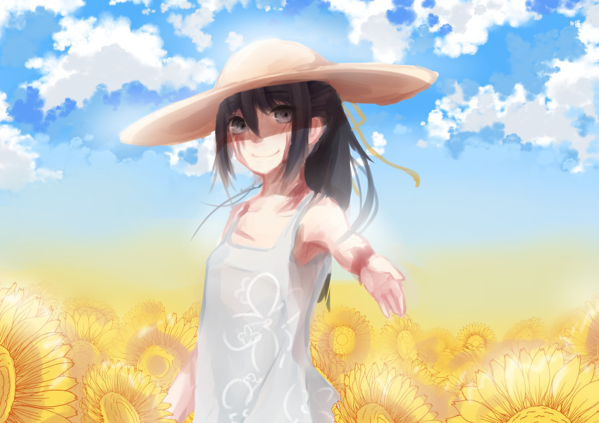 1girl absurdres bare_shoulders black_eyes black_hair blue_sky bunsakuraing burn_scar clouds dorei_to_no_seikatsu_~teaching_feeling~ dress field flower flower_field hair_between_eyes hair_ribbon hat highres long_hair looking_at_viewer outdoors outstretched_hand ribbon scar sky smile solo sun_hat sundress sunflower sylvie_(dorei_to_no_seikatsu) upper_body