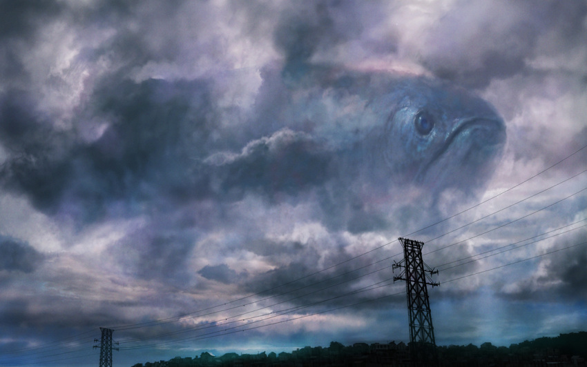 animal building cable clouds cloudy_sky fish flying flying_fish kakotomirai no_humans original oversized_animal power_lines scenery sky surreal