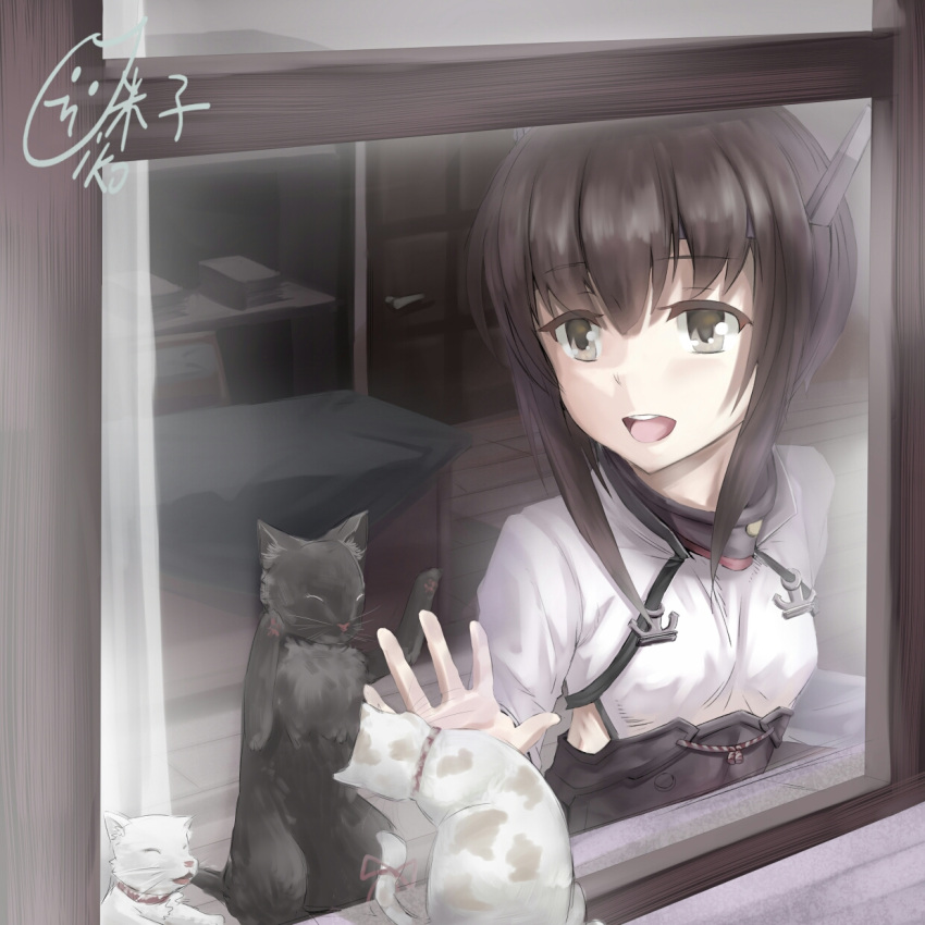 1girl anchor brown_eyes brown_hair cat closed_eyes corset desk from_outside headband headgear highres kantai_collection open_mouth pet ribbon round_teeth short_hair signature smile taihou_(kantai_collection) teeth window yonago_miko