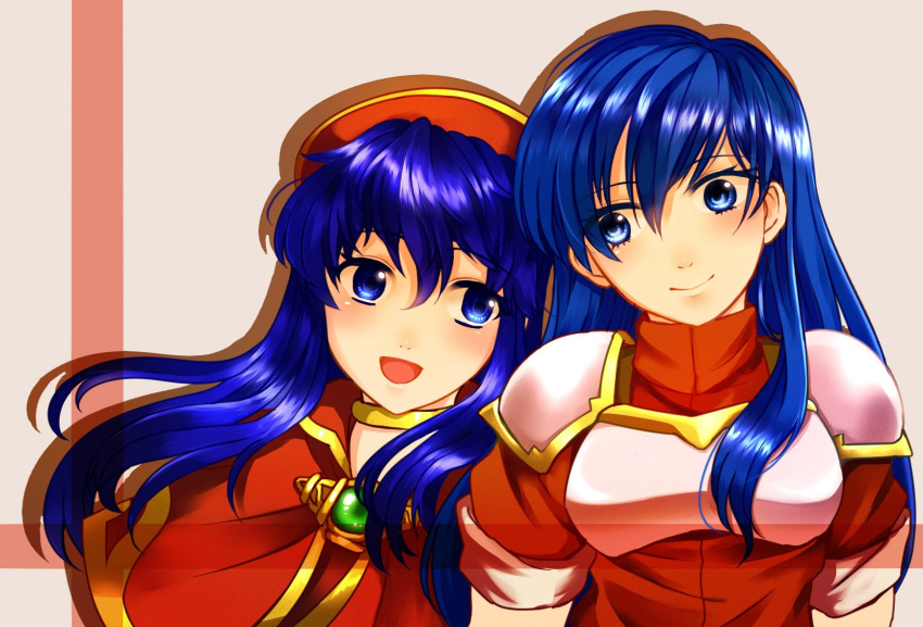 2girls :d armor bangs blue_eyes blue_hair blush breastplate brooch caeda_(fire_emblem) capelet choker eyebrows eyebrows_visible_through_hair eyes_visible_through_hair fire_emblem fire_emblem:_fuuin_no_tsurugi fire_emblem:_mystery_of_the_emblem fire_emblem_heroes glint hair_between_eyes hat head_tilt highres intelligent_systems jewelry leaning_on_person lilina long_hair looking_at_another multiple_girls nintendo nose open_mouth pegasus_knight red_clothes sheeda shiny shiny_hair simple_background sleeves_rolled_up smile spaulders uo_nu upper_body