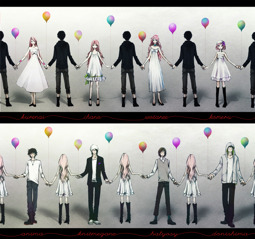 5boys 5girls ankle_boots back balloon bangs bare_shoulders beanie belt black-framed_glasses black_boots black_hair black_pants black_shoes bob_cut boots bow brown_hair casual character_name choker closed_eyes closed_mouth collared_shirt cosplay cross cross_necklace crossover dress flower green_bow green_ribbon hair_flower hair_ornament hat high_heel_boots high_heels highres holding holding_hands hood hood_down hooded_jacket jacket just_be_friends_(vocaloid) knee_boots legs_apart letterboxed lineup long_hair looking_at_viewer megurine_luka megurine_luka_(cosplay) multiple_boys multiple_girls multiple_persona niconico open_mouth pants pink_hair purple_flower ribbon ribbon-trimmed_dress shadow shirt shoes short_hair singing sleeveless sleeves_past_elbows smile so-da socks standing strapless strapless_dress striped striped_legwear sweater_vest swept_bangs vocaloid wavy_hair white_dress white_hat white_shirt wristband