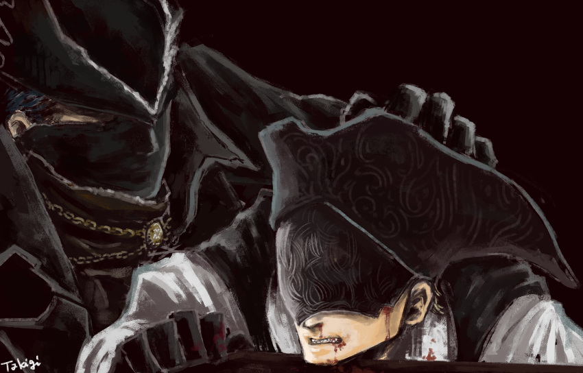 1boy 1girl artist_name black_hair blindfold blood blood_on_face bloodborne bloody_clothes bloody_nose chain clenched_hand clenched_teeth commentary_request face_mask hand_on_another's_head hat highres hunter_(bloodborne) mask simple_background takigi_(takigi-bf) teeth yurie_the_last_scholar