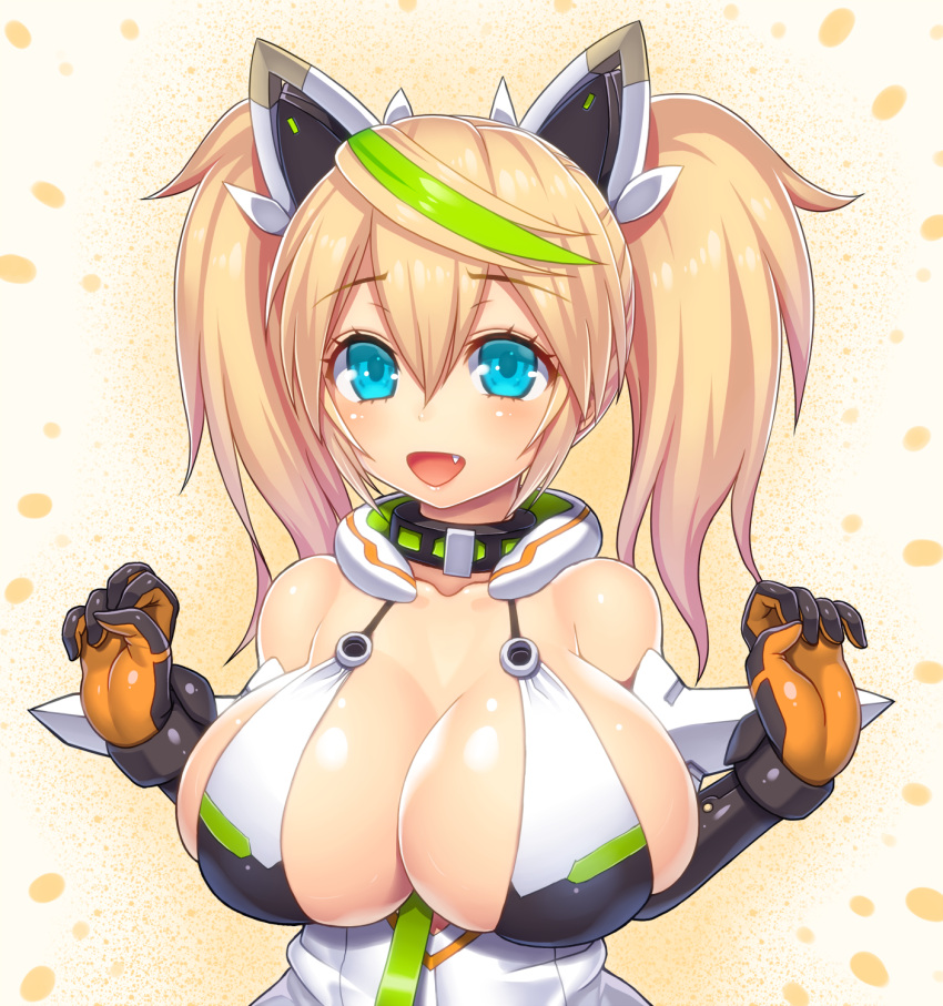 1girl aqua_eyes asamura_hiori bare_shoulders blonde_hair blush breasts cleavage elbow_gloves fang gene_(pso2) gloves green_hair hair_between_eyes highres large_breasts looking_at_viewer multicolored_hair open_mouth phantasy_star phantasy_star_online_2 smile solo twintails