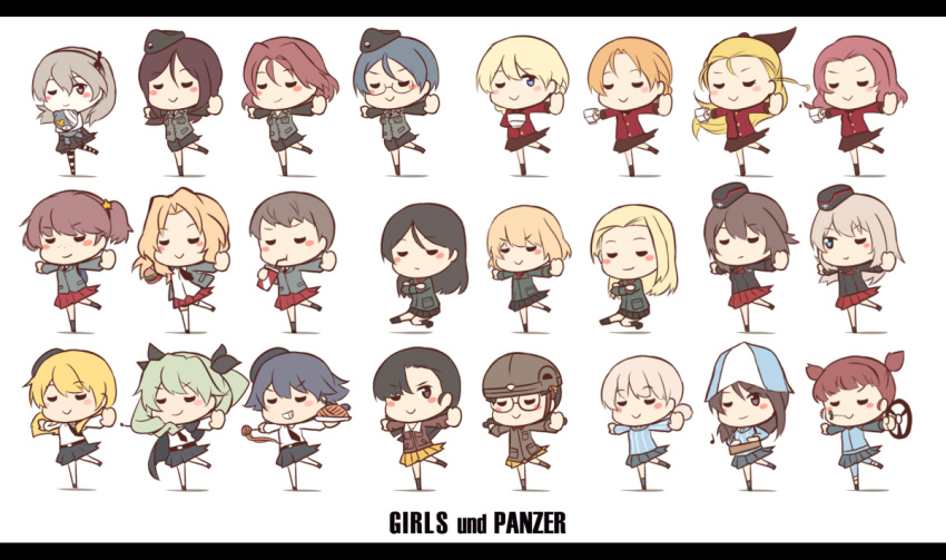 6+girls aki_(girls_und_panzer) alisa_(girls_und_panzer) anchovy assam asymmetrical_bangs azumi_(girls_und_panzer) backpack bag bandaged_arm bandaged_head bangs black_hair blonde_hair blue_eyes blue_hair blush_stickers braid brown_eyes brown_hair cape carpaccio chibi clara_(girls_und_panzer) closed_eyes cossack_dance crossed_arms cup darjeeling food fukuda_(girls_und_panzer) garrison_cap girls_und_panzer grin hair_between_eyes hair_ornament hair_ribbon hairband hamburger hat helmet holding holding_food ido_(teketeke) itsumi_erika jacket kantele katyusha kay_(girls_und_panzer) leg_up long_hair long_sleeves megumi_(girls_und_panzer) mika_(girls_und_panzer) mikko_(girls_und_panzer) military military_uniform miniskirt multiple_girls musical_note naomi_(girls_und_panzer) necktie nishi_kinuyo nishizumi_maho nonna one_eye_closed open_clothes open_jacket open_mouth orange_pekoe outstretched_arms pantyhose parted_bangs pasta pepperoni_(girls_und_panzer) plate ribbon rosehip rumi_(girls_und_panzer) school_uniform shimada_arisu shirt short_hair short_twintails side_ponytail skirt smile soda_cup spilling spread_arms star_hair_ornament steering_wheel stuffed_animal stuffed_toy teacup thigh-highs twin_braids twintails uniform