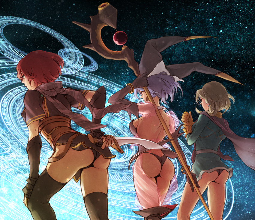 3girls ass back backless_outfit bangle bare_back black_gloves black_legwear black_panties blonde_hair bracelet breasts brown_gloves cape celine_jules dagger earrings elbow_gloves facing_away fingerless_gloves fingernails from_behind gloves hand_on_own_knee hat highres hoel holding holding_staff holding_weapon ilia_silvestri jester_cap jewelry leaning_forward magic_circle miniskirt multiple_girls nape nel_zelpher no_bra no_pants panties purple_hair redhead revealing_clothes scarf see-through shirt short_hair shoulder_blades sideboob skirt staff star star_(sky) star_ocean star_ocean_blue_sphere star_ocean_first_departure star_ocean_the_second_story star_ocean_till_the_end_of_time starry_background thigh-highs thong underwear weapon wind
