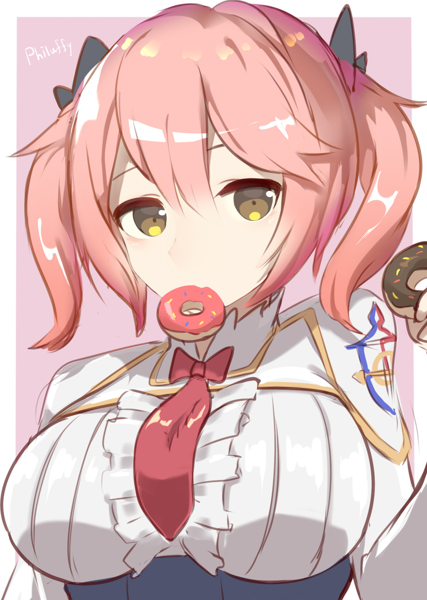 1girl absurdres breasts character_name doughnut food hair_between_eyes highres holding holding_food large_breasts looking_at_viewer mouth_hold necktie philuffy_aingram pink_hair red_necktie saijaku_muhai_no_bahamut school_uniform short_hair short_twintails simple_background solo ss0l_(skghek) tied_hair twintails upper_body yellow_eyes