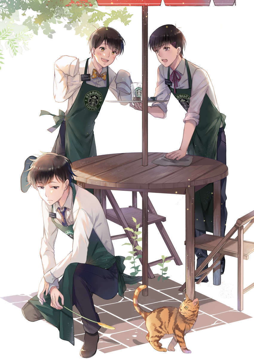 3boys absurdres ahoge animal apron bangs black_hair black_pants black_shoes blue_necktie blush bow bowtie brothers cat cat_teaser character_name cleaning cloth coffee collared_shirt dress_shirt drink drinking_cup drinking_straw ekira_nieto employee_uniform eyebrows eyebrows_visible_through_hair hair_ornament hairclip highres holding_tray light_particles long_sleeves looking_at_another looking_at_viewer male_focus matsuno_ichimatsu matsuno_juushimatsu matsuno_todomatsu multiple_boys name_tag neck_ribbon necktie one_knee osomatsu-kun osomatsu-san pants pink_ribbon plate polka_dot polka_dot_bow polka_dot_bowtie ribbon shade shadow shirt shoes siblings sleeves_past_wrists sleeves_rolled_up standing standing_on_one_leg starbucks table tray umbrella uniform waiter white_shirt wooden_chair wooden_table yellow_bow yellow_bowtie yellow_eyes