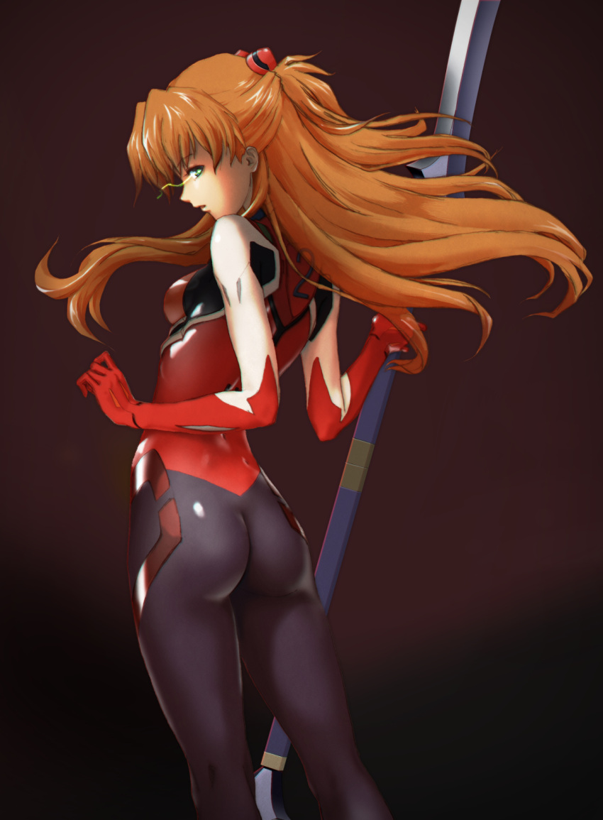 101_(lo10) 1girl :o ass black_background bodysuit dimples_of_venus evangelion:_3.0_you_can_(not)_redo expressionless floating_hair from_side gloves glowing glowing_eyes gradient gradient_background green_eyes hair_ornament headgear highres holding holding_weapon kneepits light_trail long_hair looking_at_viewer looking_back neon_genesis_evangelion number orange_hair parted_lips pilot_suit plugsuit polearm profile rebuild_of_evangelion red_gloves shikinami_asuka_langley simple_background skin_tight small_breasts solo souryuu_asuka_langley spear standing turtleneck two_side_up weapon wind