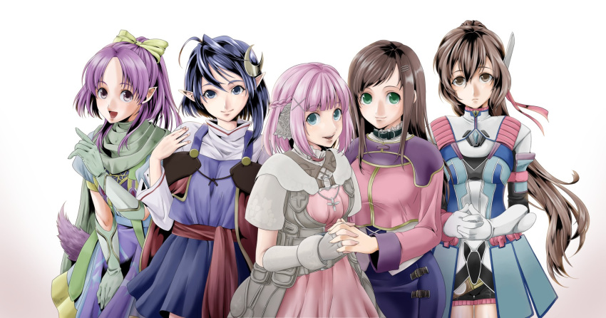 5girls blue_eyes blue_hair blue_skirt bow braid brown_eyes brown_hair cape cowboy_shot crescent crescent_hair_ornament fingerless_gloves gloves green_eyes green_gloves hair_bow hair_ornament half_updo hands_clasped highres long_hair looking_at_viewer may0ray0 miki_sauvester millie_chliette multiple_girls pink_hair pink_shirt pink_skirt pointy_ears ponytail purple_hair rena_lanford saionji_reimi shirt short_hair shorts skirt smile sophia_esteed star_ocean star_ocean_first_departure star_ocean_integrity_and_faithlessness star_ocean_the_last_hope star_ocean_the_second_story star_ocean_till_the_end_of_time tail white_background white_gloves x_hair_ornament yellow_bow