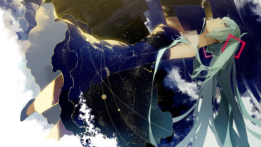 1girl abstract adjusting_hair alternate_costume aqua_eyes bracelet building city clouds constellation dress dutch_angle elbow_gloves gloves hand_up hatsune_miku highres jewelry long_hair night profile saihate_(artist) sky sleeveless sleeveless_dress smile solo star_(sky) starry_sky_print twintails vocaloid