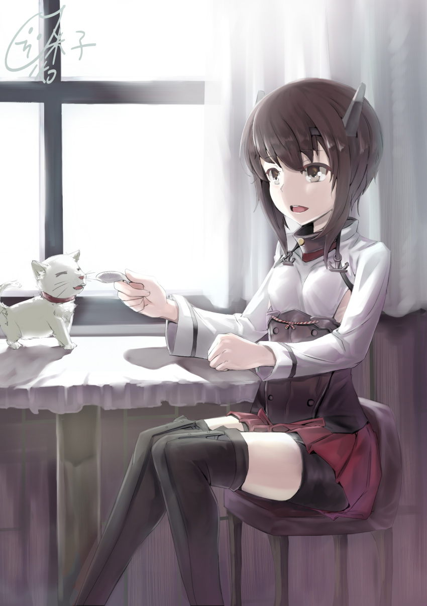 1girl absurdres anchor animal bike_shorts brown_eyes brown_hair cat chair corset curtains headband headgear highres kantai_collection long_sleeves open_mouth pet pleated_skirt red_skirt round_teeth short_hair shorts_under_skirt signature sitting skirt table taihou_(kantai_collection) teeth thigh-highs white_cat window yonago_miko