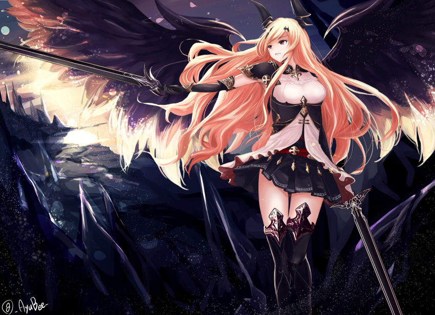 1girl armor armored_boots ayubee black_gloves black_skirt blonde_hair boots dark_angel_olivia dual_wielding gloves highres holding holding_sword holding_weapon horns long_hair pleated_skirt red_eyes shingeki_no_bahamut signature skirt solo sword weapon wings