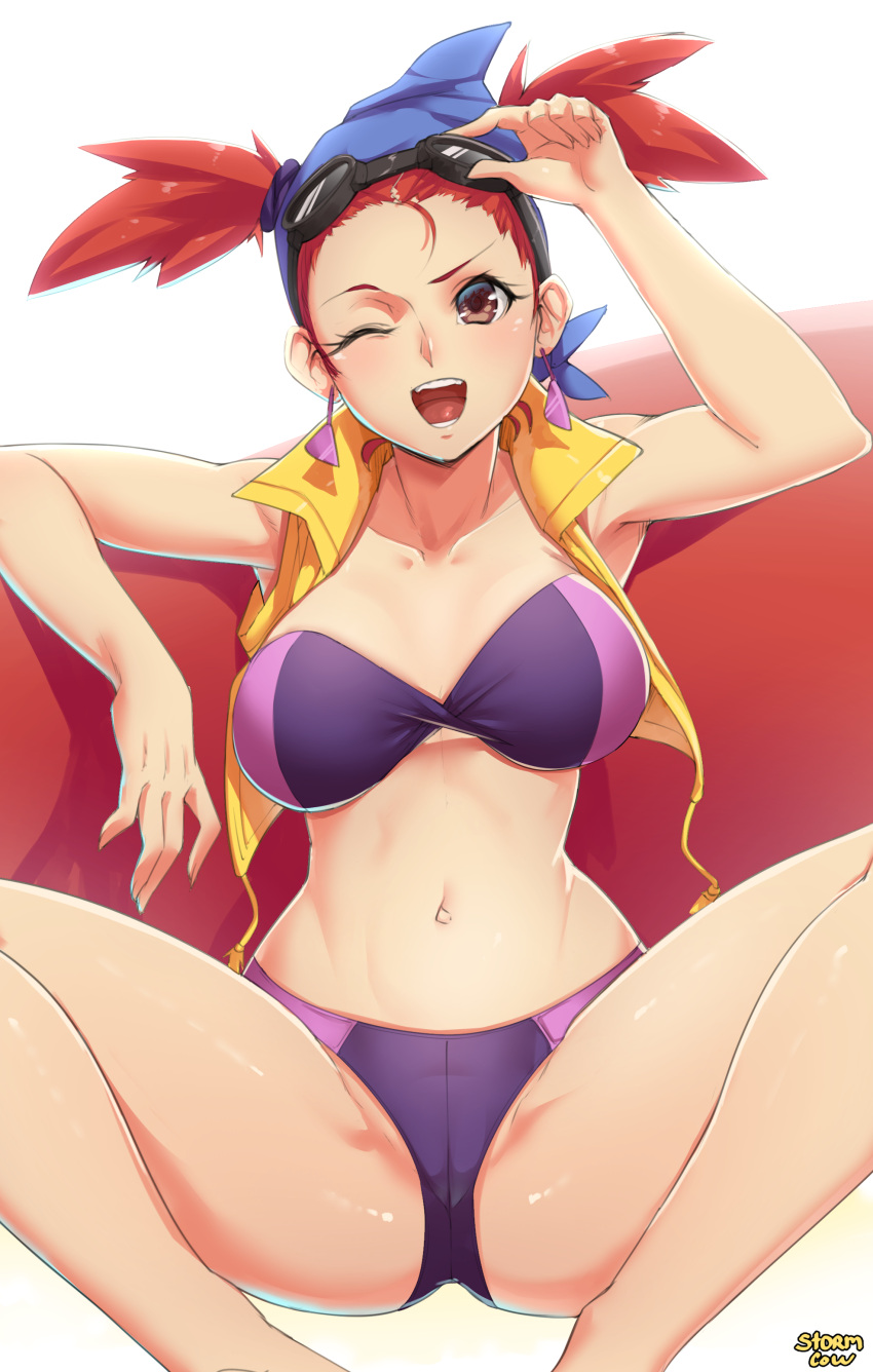 1girl absurdres arm_up artist_name bare_shoulders bikini breasts brown_eyes earrings goggles goggles_on_head head_scarf highres jewelry large_breasts looking_at_viewer navel one_eye_closed open_mouth red_eyes short_hair simple_background sitting solo spread_legs stormcow swimsuit teeth twintails wayforward white_background