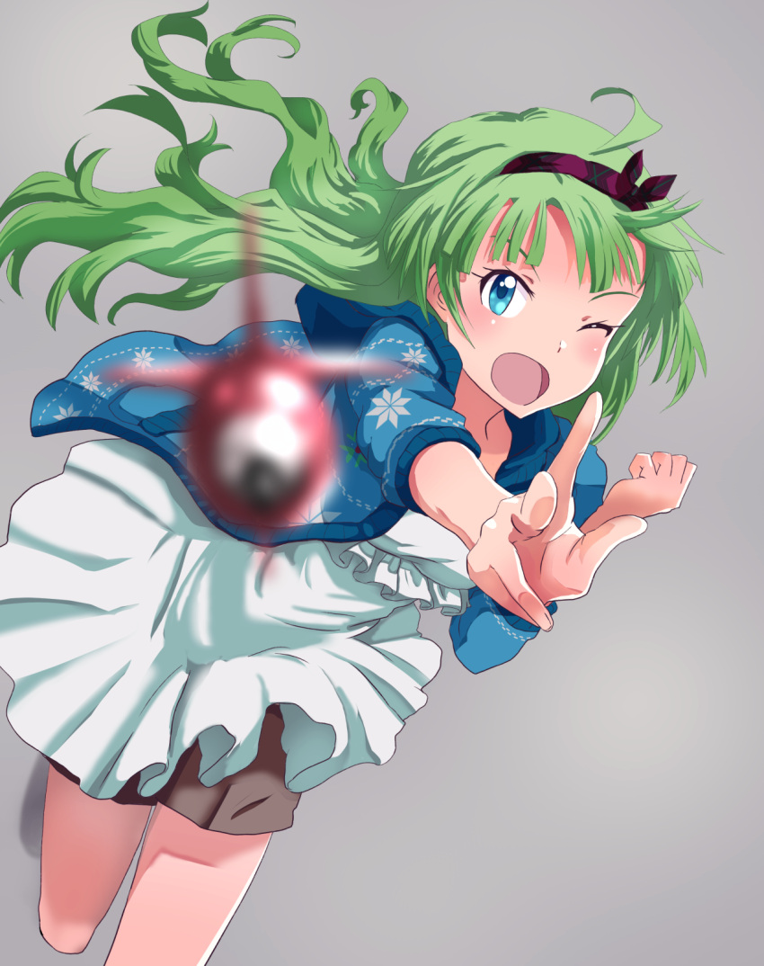 1girl ahoge aqua_eyes av_(artist) blurry blush commentary_request dart depth_of_field dress green_hair hairband highres idolmaster idolmaster_million_live! long_hair looking_at_viewer one_eye_closed open_mouth shimabara_elena smile solo white_dress