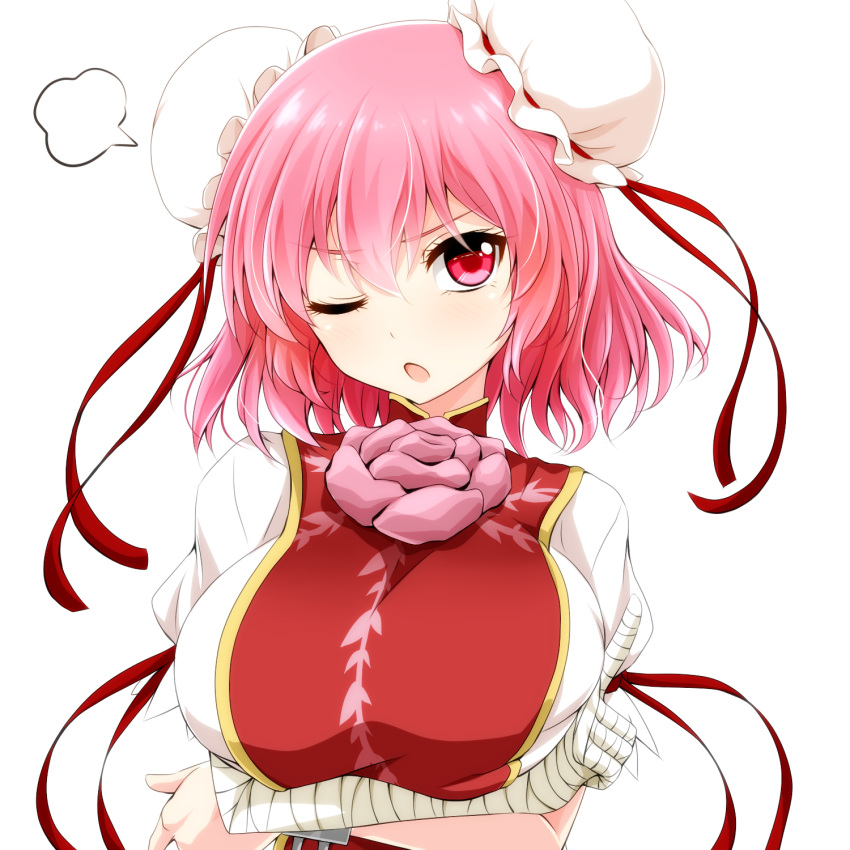 1girl =3 bandaged_arm bangs breast_hold breasts commentary_request crossed_arms double_bun eyebrows eyebrows_visible_through_hair flower head_tilt highres ibaraki_kasen index_finger_raised large_breasts looking_at_viewer one_eye_closed open_mouth pink_eyes pink_hair puffy_short_sleeves puffy_sleeves rose short_hair short_sleeves simple_background solo tabard touhou upper_body watarui white_background