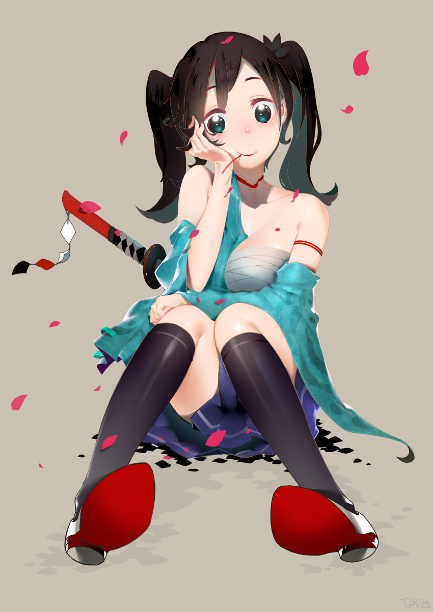 1girl absurdres aqua_eyes artist_request bare_shoulders black_hair black_legwear blush breasts cherry cleavage collarbone eating food fruit full_body grey_background hand_on_own_cheek head_tilt highres katana kneehighs lips long_hair looking_at_viewer petals red_shoes sarashi sheath sheathed shoe_soles shoes simple_background sitting skirt smile solo sword tareme thigh-highs twintails weapon zettai_ryouiki
