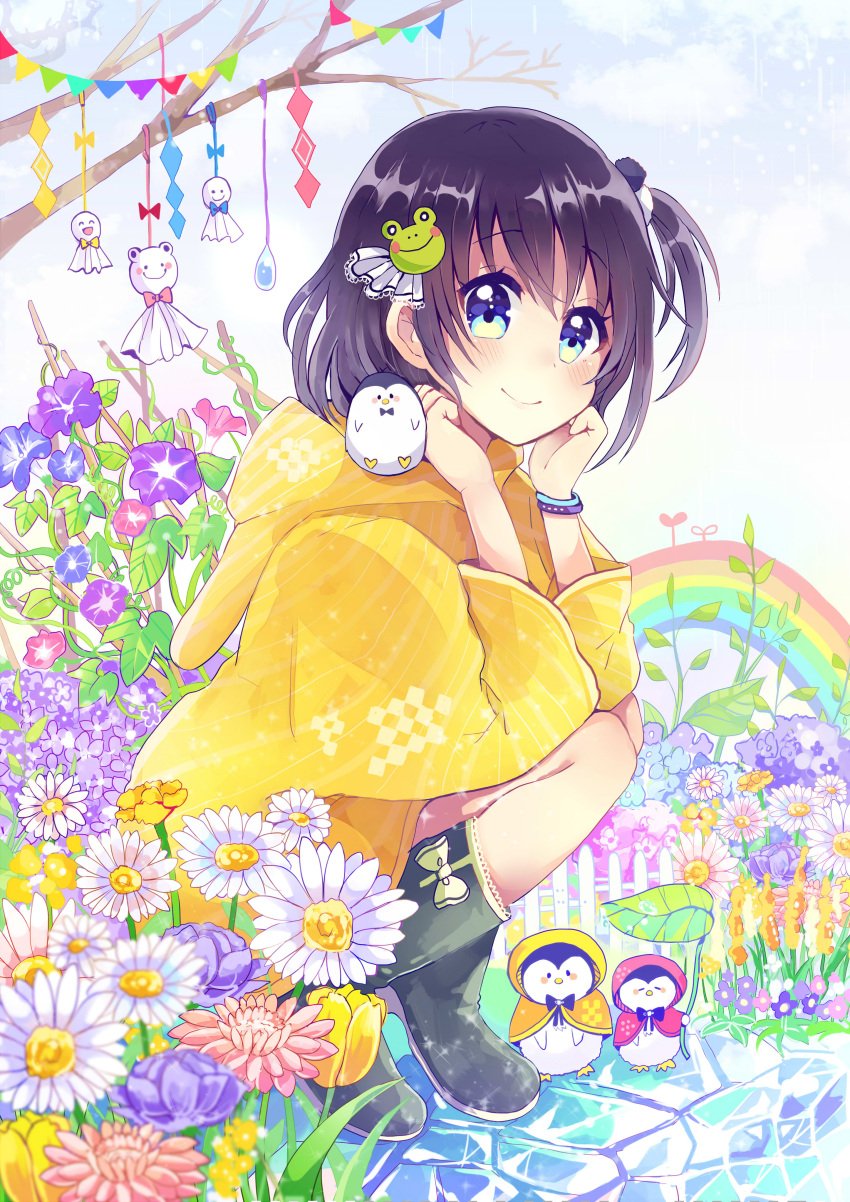 1girl absurdres bird blue_eyes boots branch chin_rest clenched_hands commentary_request flower frog_hair_ornament hair_bobbles hair_ornament head_rest highres leaf_umbrella morning_glory niikura_kaori one_side_up original penguin plant rain rainbow raincoat smile solo squatting teruterubouzu vines wristband