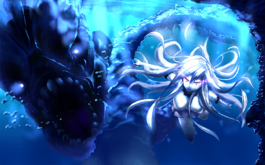 1girl breasts bubble dress glowing glowing_eyes highres kantai_collection large_breasts long_hair looking_at_viewer mouth open_mouth shinkaisei-kan solo submarine_hime swimming teeth underwater very_long_hair violet_eyes white_dress white_hair white_skin yottin
