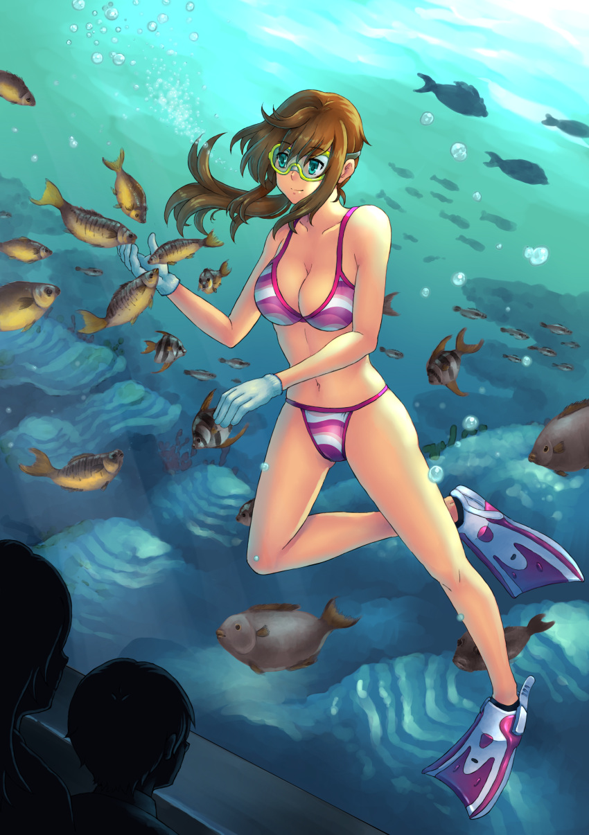 1girl absurdres air_bubble bikini breasts breath brown_hair bubble cleavage coral diving diving_mask doris20140830 fish flippers freediving glass gloves green_eyes highres holding_breath long_hair moe2016 navel ocean original solo striped striped_bikini swimming swimsuit white_gloves