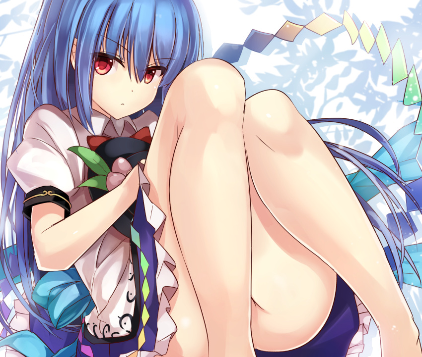 1girl bangs blue_hair convenient_leg dress eyebrows eyebrows_visible_through_hair food fruit hair_between_eyes hat hat_hug hat_removed headwear_removed highres hinanawi_tenshi janne_cherry long_hair looking_at_viewer md5_mismatch no_panties peach red_eyes sitting solo touhou very_long_hair