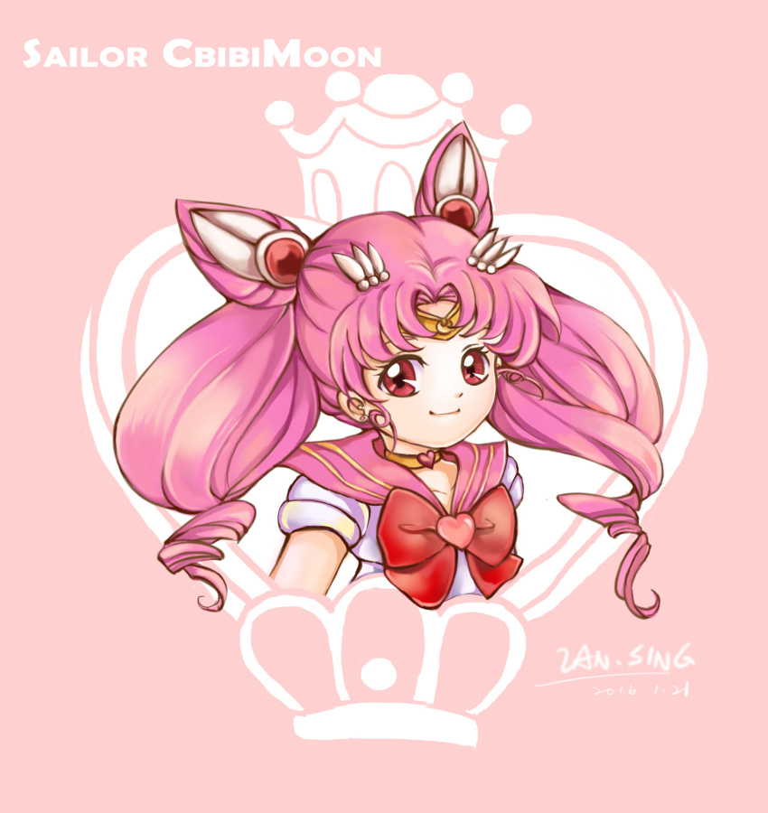 1girl 2016 absurdres bishoujo_senshi_sailor_moon bow brooch character_name chibi_usa choker dated double_bun hair_ornament hairpin highres jewelry lan_sing looking_at_viewer magical_girl pink pink_background pink_hair red_bow red_eyes sailor_chibi_moon sailor_collar short_hair signature smile solo super_sailor_chibi_moon tiara twintails typo upper_body