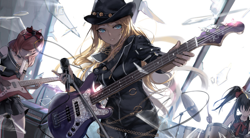 3girls ayase_eli bangs bibi_(love_live!) black_hair black_hat blonde_hair blue_eyes bodysuit bow broken_glass cable chain cowboy_shot diamond_princess_no_yuuutsu drum drum_set drumsticks dutch_angle electric_guitar floating_hair glass guitar hair_between_eyes hair_bow hair_down hat highres holding holding_microphone instrument jewelry kamisa long_hair looking_at_viewer love_live!_school_idol_project microphone_stand motion_blur multiple_girls nishikino_maki off_shoulder playing_instrument red_bow redhead ring shards skirt smile solo_focus speaker stage standing swept_bangs transparent twintails very_long_hair yazawa_nico