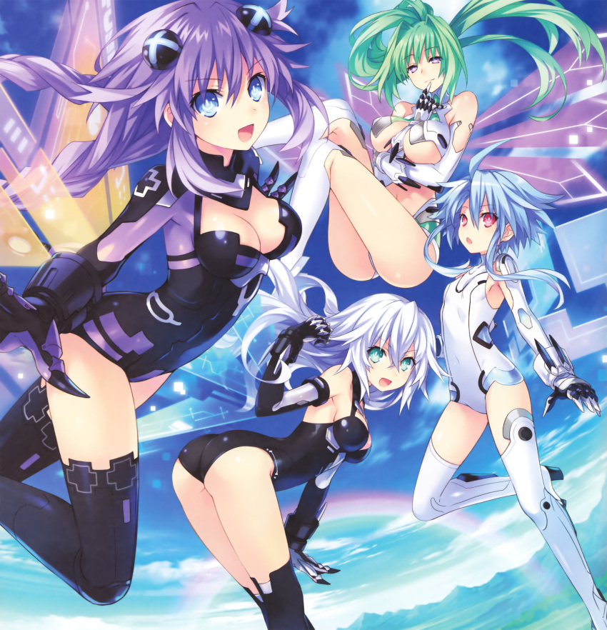 &gt;:d 4girls :d :o absurdres ahoge armor ass bangs bare_shoulders bent_over between_breasts black_boots black_heart black_legwear blanc blue_eyes blush boots braid breasts choujigen_game_neptune cleavage cleavage_cutout clouds covered_navel crossed_legs elbow_gloves finger_to_mouth flat_chest floating_hair gloves gradient green_hair green_heart hair_between_eyes hair_intakes hair_ornament halterneck hand_between_breasts high_heel_boots high_heels high_ponytail highres large_breasts leg_lift leotard long_hair looking_at_viewer looking_back magical_girl multiple_girls neptune_(choujigen_game_neptune) neptune_(series) noire official_art open_mouth outdoors outstretched_arm outstretched_arms ponytail power_symbol purple_hair purple_heart rainbow red_eyes short_hair short_hair_with_long_locks sidelocks sitting sky smile spread_arms symbol-shaped_pupils thigh-highs thigh_boots tsunako turtleneck twin_braids under_boob vambraces vert very_long_hair violet_eyes white_boots white_hair white_heart white_legwear wings
