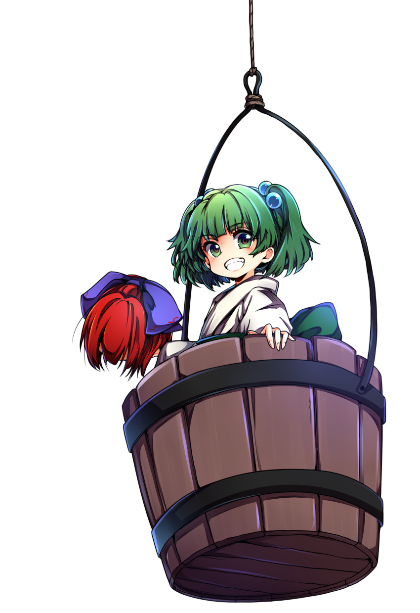 1girl absurdres baba_(baba_seimaijo) bucket disembodied_head green_eyes green_hair grin hair_bobbles hair_ornament hair_ribbon highres in_bucket in_container japanese_clothes kimono kisume long_sleeves looking_at_viewer redhead ribbon sash sekibanki short_hair smile touhou transparent_background twintails wooden_bucket