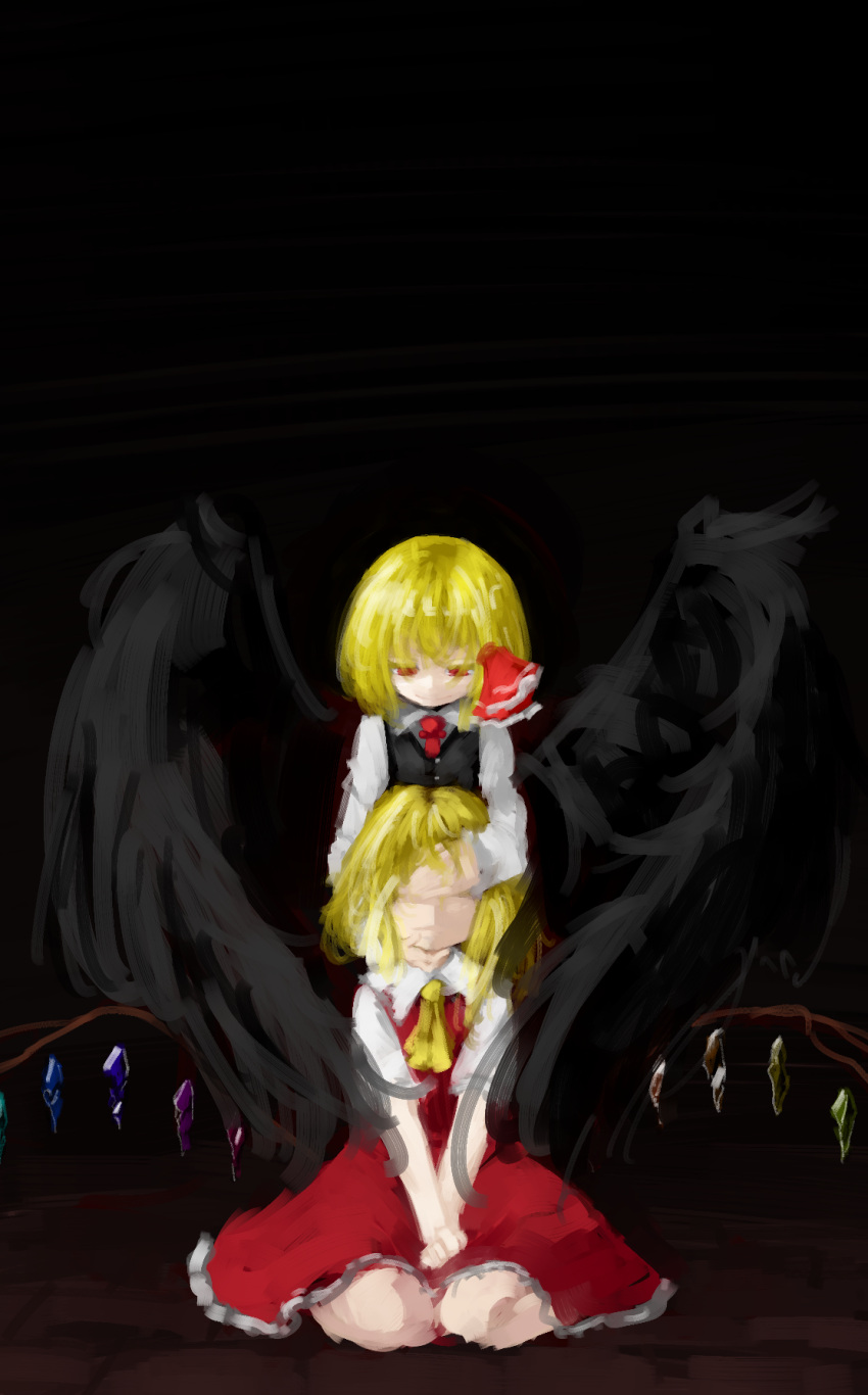 2girls angel_wings ascot black_vest black_wings blonde_hair bow collared_shirt covering_eyes dark evil_smile flandre_scarlet hair_bow hand_on_another's_chin hand_over_another's_eyes hands_on_lap highres multiple_girls red_eyes red_skirt red_vest rumia seiza shirt short_hair sitting skirt smile touhou white_shirt wings zakozako_y