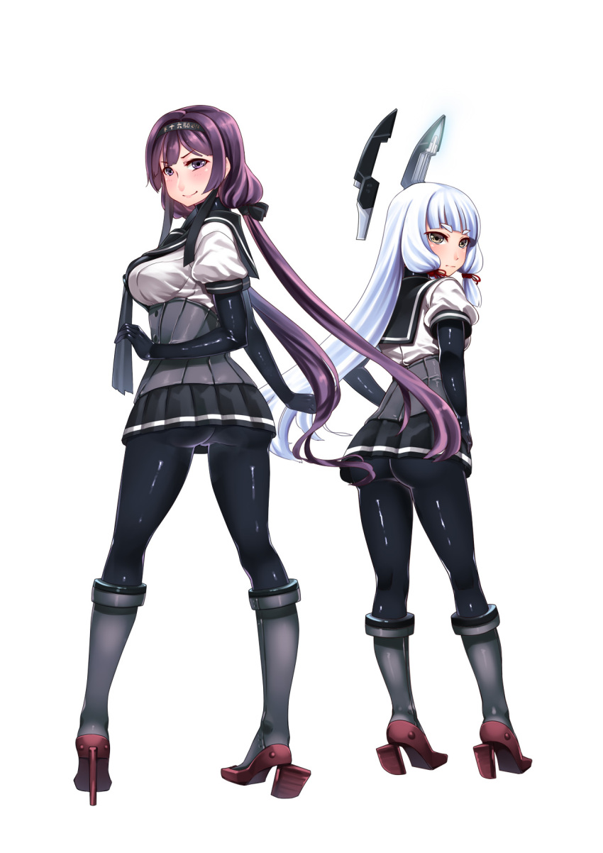 2girls ass back bangs black_gloves black_legwear black_skirt blunt_bangs blush boots breasts closed_mouth clothes_writing corset cosplay eyelashes female_admiral_(kantai_collection) from_behind full_body gloves glowing hair_ornament hair_ribbon hairband hands_on_hips hatsuzuki_(kantai_collection) hatsuzuki_(kantai_collection)_(cosplay) hiememiko high_heel_boots high_heels highres kantai_collection large_breasts legs_apart long_hair looking_at_viewer looking_back miniskirt multiple_girls murakumo_(kantai_collection) navel pantyhose pleated_skirt puffy_short_sleeves puffy_sleeves ribbon sailor_collar school_uniform serafuku shiny shiny_clothes shirt short_eyebrows short_sleeves silver_hair simple_background skirt smile standing tress_ribbon turtleneck twintails violet_eyes white_background white_shirt