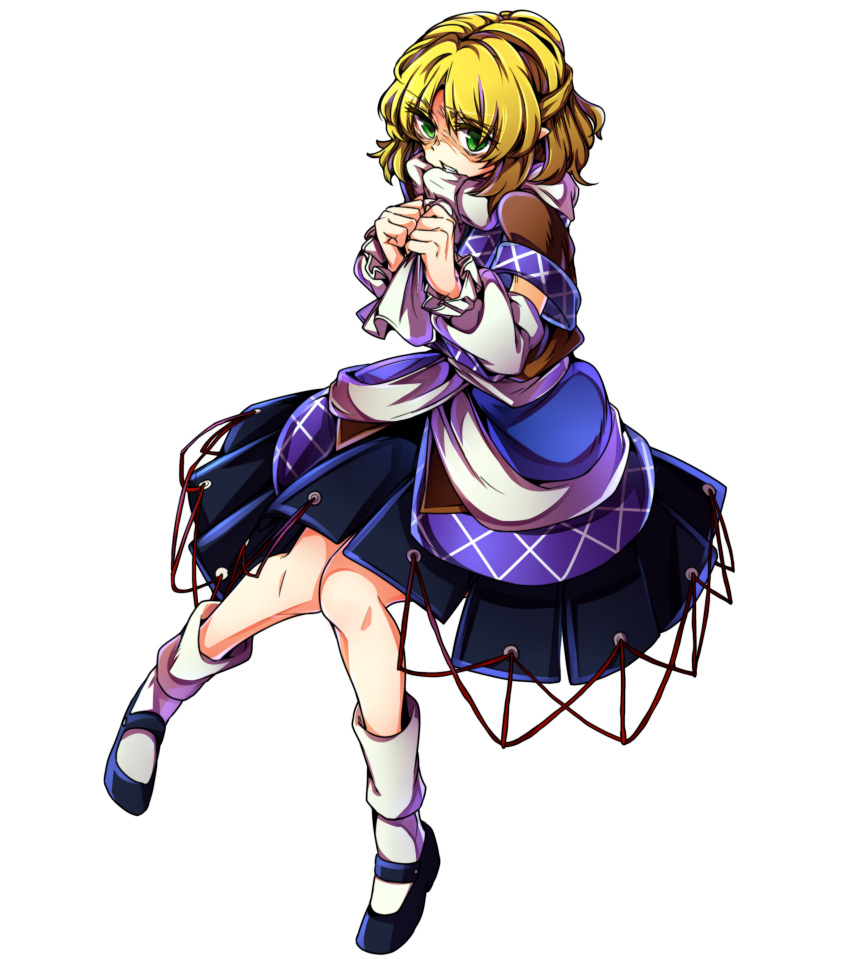 1girl absurdres arm_warmers baba_(baba_seimaijo) blonde_hair clenched_teeth full_body green_eyes highres looking_at_viewer mary_janes mizuhashi_parsee pointy_ears scarf shaded_face shirt shoes short_hair short_sleeves skirt socks solo teeth touhou transparent_background white_legwear