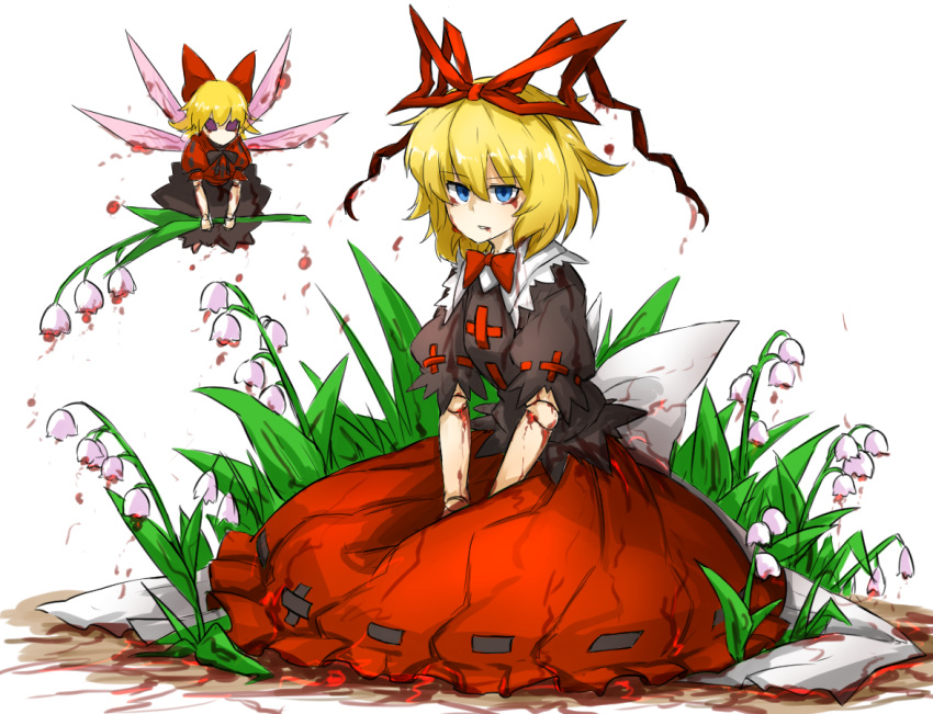 1girl black_shirt black_skirt blonde_hair blue_eyes doll_joints fairy_wings flower full_body hair_ribbon hands_on_lap holding holding_flower kan_(aaaaari35) lily_of_the_valley medicine_melancholy poison red_shirt red_skirt ribbon ribbon-trimmed_clothes ribbon-trimmed_skirt ribbon_trim shiny shiny_hair shirt short_hair short_sleeves simple_background sitting skirt solo su-san touhou white_background wings