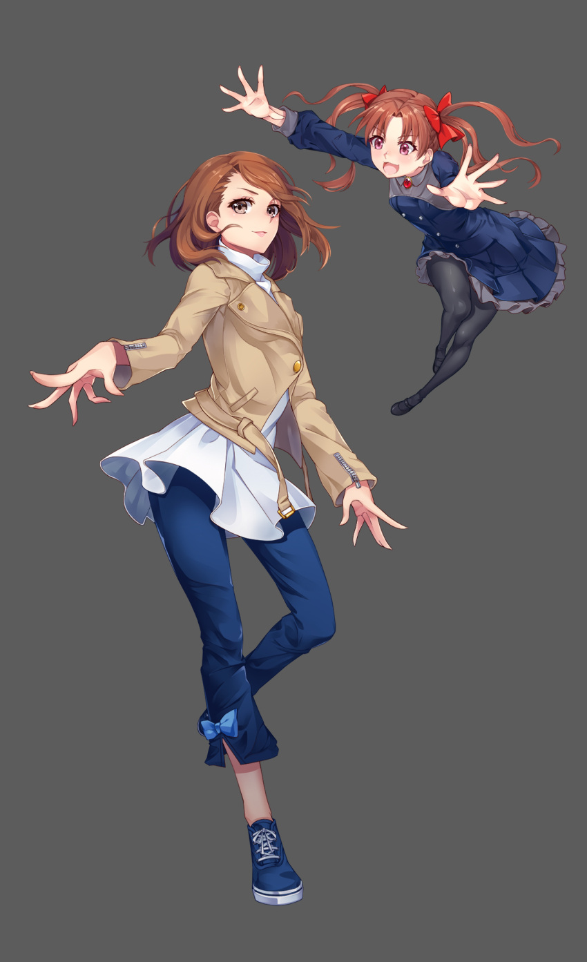 2girls :3 :d akira_(5888172) bangs black_legwear black_shoes blue_bow blue_dress blue_pants blue_shoes blush bow brooch brown_hair buttons closed_mouth coat cross-laced_footwear dress frilled_dress frills full_body grey_background hair_bow highres jewelry jumping long_hair long_sleeves looking_at_another looking_at_viewer misaka_mikoto multiple_girls open_mouth outstretched_arms palms pants pantyhose parted_bangs pink_lips pounce red_bow red_eyes shirai_kuroko shoes simple_background smile sneakers spread_fingers swept_bangs to_aru_kagaku_no_railgun to_aru_majutsu_no_index turtleneck twintails unbuckled_belt zipper