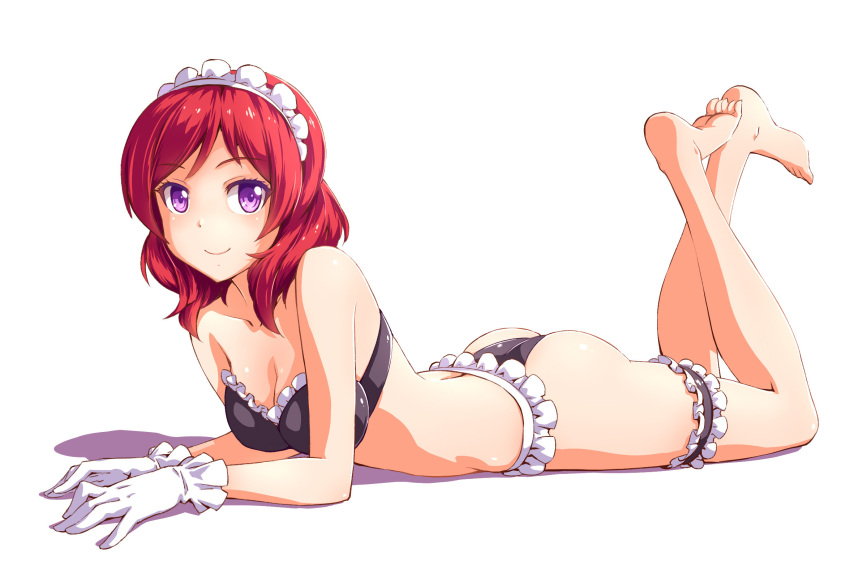 1girl ass bare_shoulders barefoot black_bra black_panties bra breasts cleavage collarbone eyebrows eyebrows_visible_through_hair feet fish.boy frilled_bra frills full_body gloves highres leg_garter looking_at_viewer love_live!_school_idol_project lying maid_headdress nishikino_maki on_stomach panties redhead simple_background smile solo strapless strapless_bra underwear violet_eyes white_background white_gloves