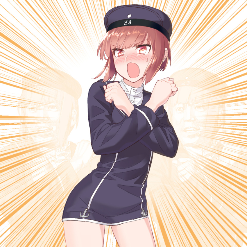 &gt;:o 1girl :o anchor blew_andwhite blush brown_eyes brown_hair buttons clothes_writing crossed_arms dress emphasis_lines hat highres kantai_collection long_sleeves open_mouth peaked_cap sailor_dress sailor_hat short_hair solo sweatdrop teeth uniform when_you_see_it z3_max_schultz_(kantai_collection)