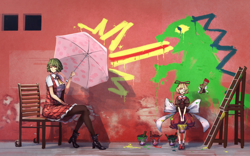 2girls ^_^ bangs black_boots blonde_hair boots bow bowtie brown_legwear bucket chair child_drawing closed_eyes closed_mouth collared_shirt commentary_request cravat dinosaur dirty_face fairy green_hair hair_bow high_heel_boots high_heels highres holding holding_umbrella kazami_yuuka kikimifukuri ladder long_sleeves looking_away medicine_melancholy multiple_girls paint paintbrush pantyhose plaid plaid_skirt plaid_vest red_boots red_bow red_bowtie red_eyes red_skirt shadow shirt short_sleeves sitting sitting_on_chair skirt skirt_set standing su-san touhou umbrella v_arms vest wall white_bow white_shirt