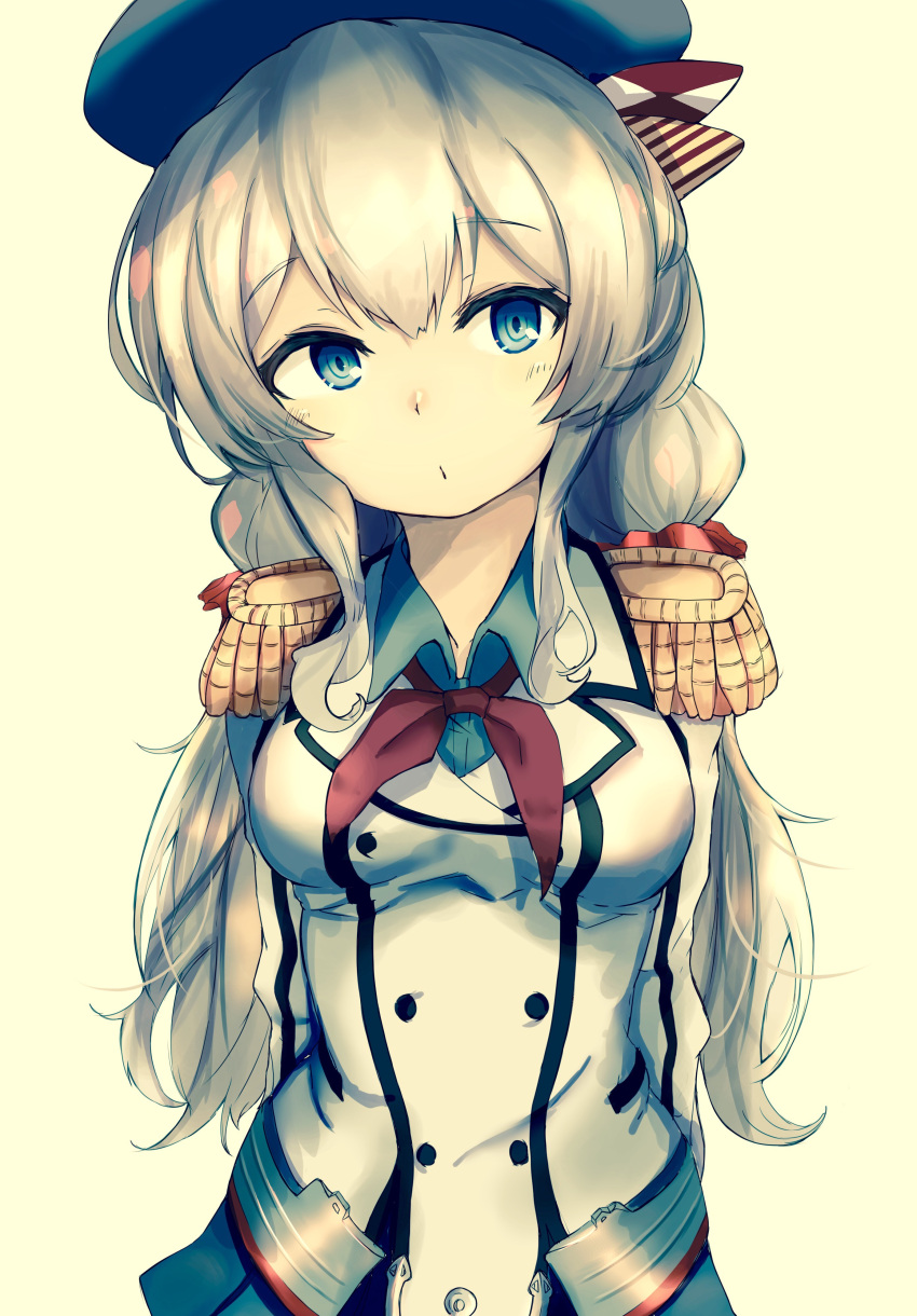 1girl absurdres arms_behind_back beret blue_eyes epaulettes hat highres kantai_collection kashima_(kantai_collection) kerchief long_sleeves looking_at_viewer military military_uniform miniskirt parted_lips pleated_skirt ranf silver_hair simple_background skirt small_breasts solo twintails uniform upper_body wavy_hair white_background