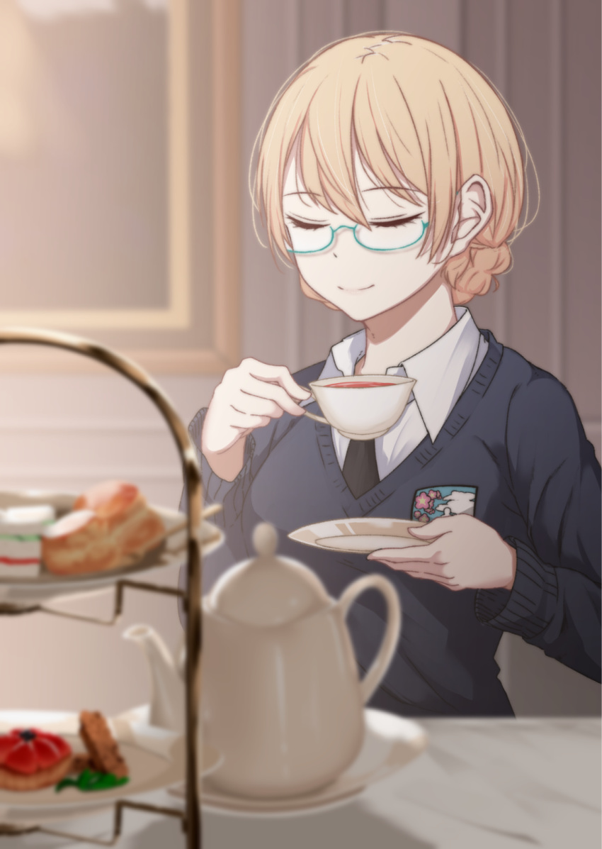 1girl bespectacled blonde_hair blue_eyes blurry braid closed_eyes cup darjeeling depth_of_field girls_und_panzer glasses highres pastry saitou_(lynx-shrike) school_uniform short_hair smile solo teacup