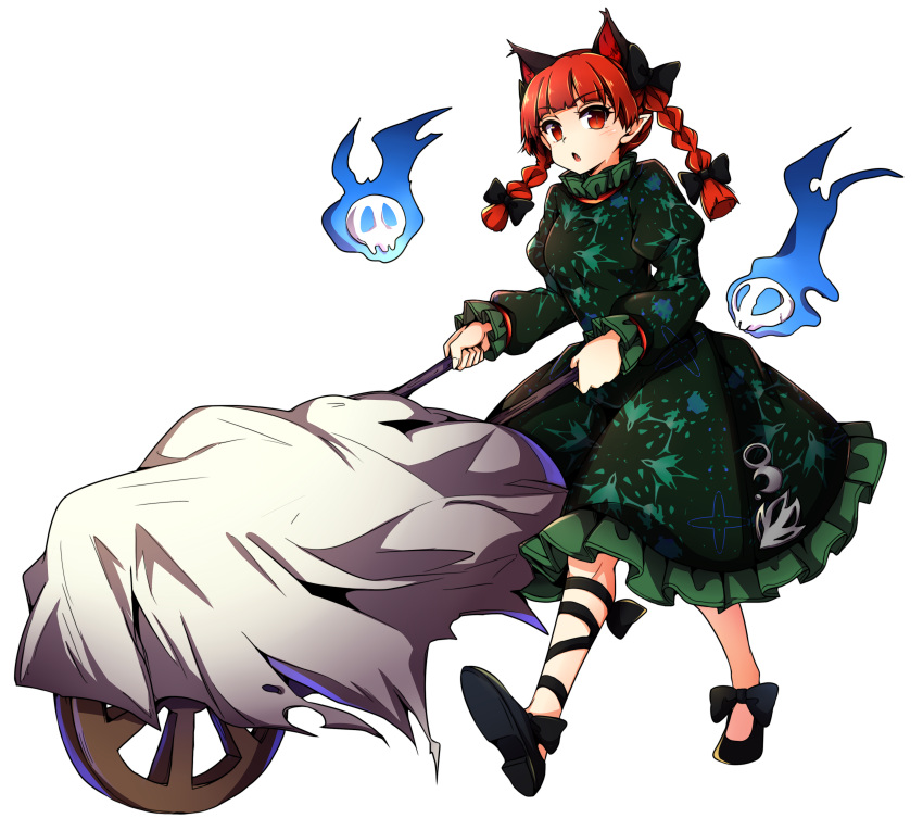 1girl absurdres animal_ears baba_(baba_seimaijo) braid cat_ears dress extra_ears flaming_skull floating_skull green_dress hair_ribbon highres juliet_sleeves kaenbyou_rin long_sleeves looking_at_viewer open_mouth puffy_sleeves red_eyes redhead ribbon skull solo tail touhou transparent_background twin_braids wheelbarrow