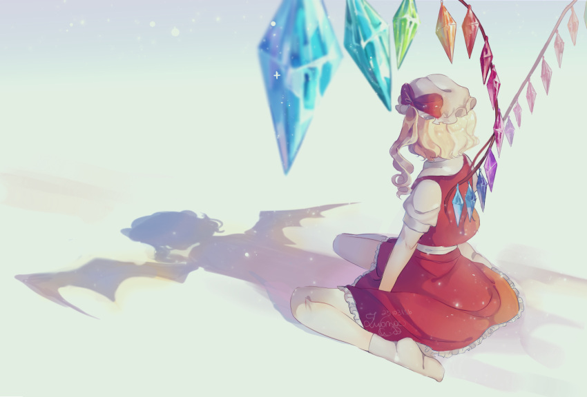 1girl blonde_hair dated different_shadow facing_away flandre_scarlet from_behind gradient gradient_background grey_background hat light_particles lummy_(merry_dial) mob_cap no_shoes remilia_scarlet short_hair short_sleeves side_ponytail signature sitting skirt skirt_set solo symbolism touhou wariza wings