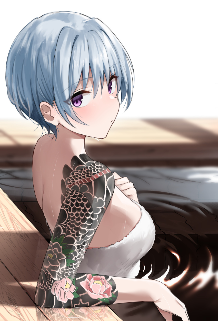 1girl absurdres arm_tattoo bangs bare_shoulders bathing blue_hair blush breasts closed_mouth commentary english_commentary eyebrows_visible_through_hair from_side hand_on_own_chest highres looking_at_viewer looking_to_the_side medium_breasts naked_towel onsen original partially_submerged shengtian short_hair solo tattoo towel upper_body violet_eyes