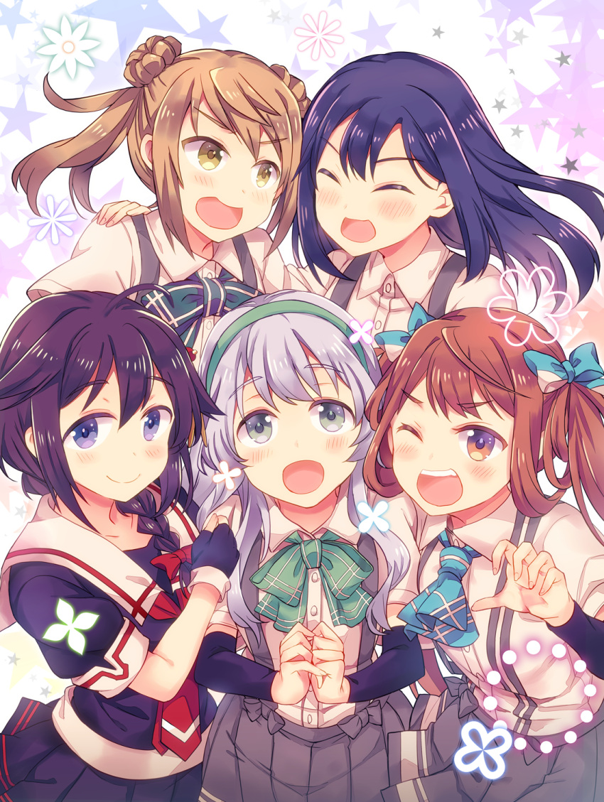 5girls ;d ahoge arm_warmers asagumo_(kantai_collection) asashio_(kantai_collection) ascot black_hair black_serafuku black_skirt blonde_hair blouse blue_eyes blush braid brown_hair buttons closed_eyes double_bun eyebrows eyebrows_visible_through_hair fingerless_gloves flower gloves grey_eyes hair_bun hair_flaps hair_ornament hair_over_shoulder hair_ribbon hairband hand_on_another's_shoulder highres kantai_collection long_hair looking_at_viewer looking_to_the_side michishio_(kantai_collection) multiple_girls neckerchief number one_eye_closed open_mouth pleated_skirt remodel_(kantai_collection) ribbon school_uniform serafuku shigure_(kantai_collection) shirt short_hair short_sleeves short_twintails silver_hair single_braid skirt smile star suspenders takitarou teeth twintails wavy_hair white_blouse yamagumo_(kantai_collection) yellow_eyes