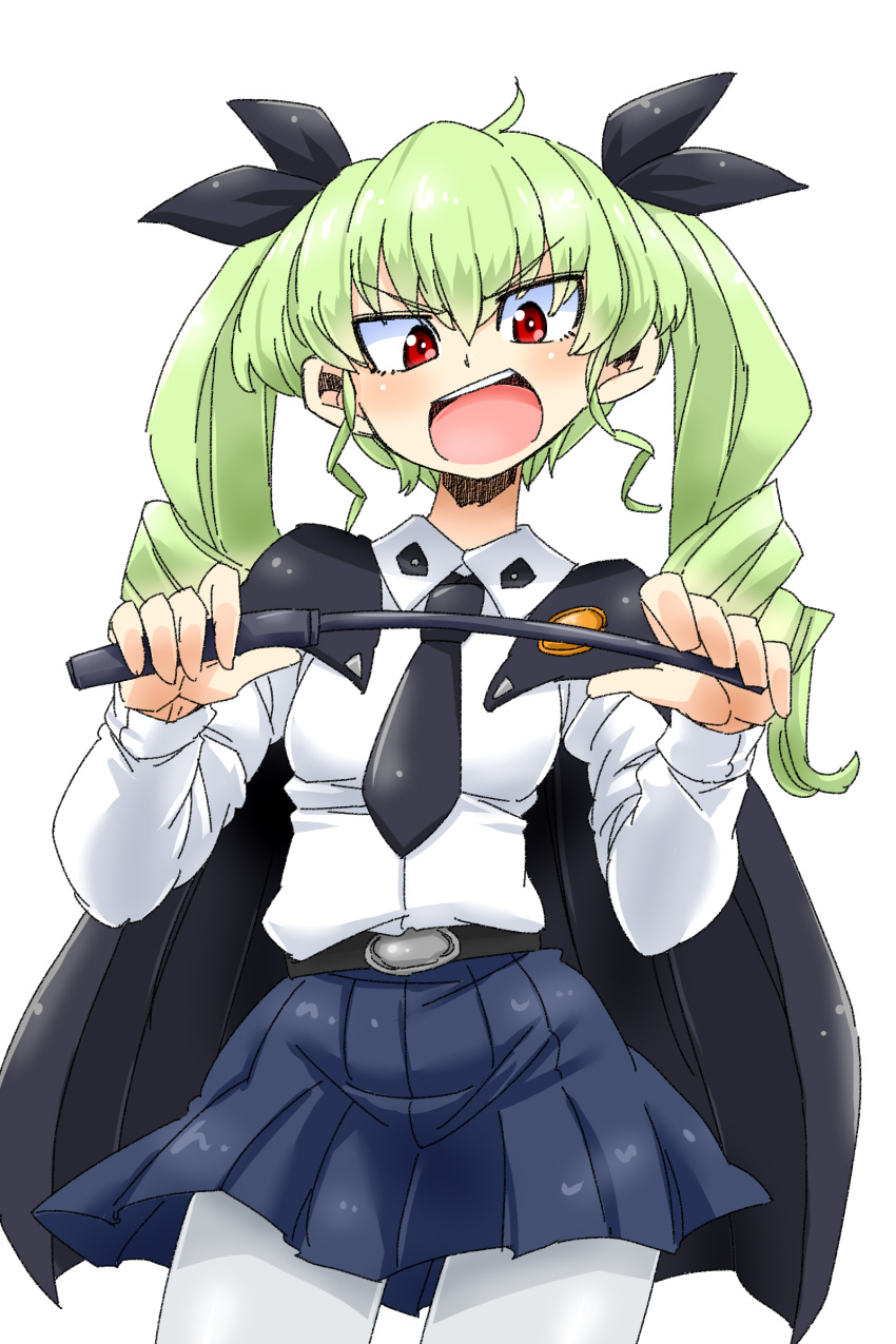 1girl absurdres anchovy angry aono3 belt blue_skirt blush cape cowboy_shot dress_shirt drill_hair girls_und_panzer green_hair hair_ribbon highres holding long_hair long_sleeves looking_at_viewer miniskirt necktie open_mouth pantyhose pleated_skirt red_eyes ribbon riding_crop school_uniform shirt skirt smile solo standing twin_drills twintails white_background white_legwear white_shirt