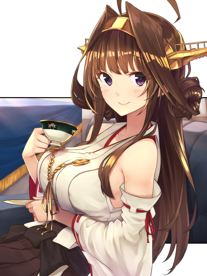 1girl absurdres ahoge baffu bangs bare_shoulders blush breasts brown_hair closed_mouth cup detached_sleeves double_bun eyebrows eyebrows_visible_through_hair hairband headgear highres japanese_clothes kantai_collection kongou_(kantai_collection) long_hair looking_at_viewer red_ribbon ribbon ribbon-trimmed_sleeves ribbon_trim sitting smile solo teacup very_long_hair violet_eyes