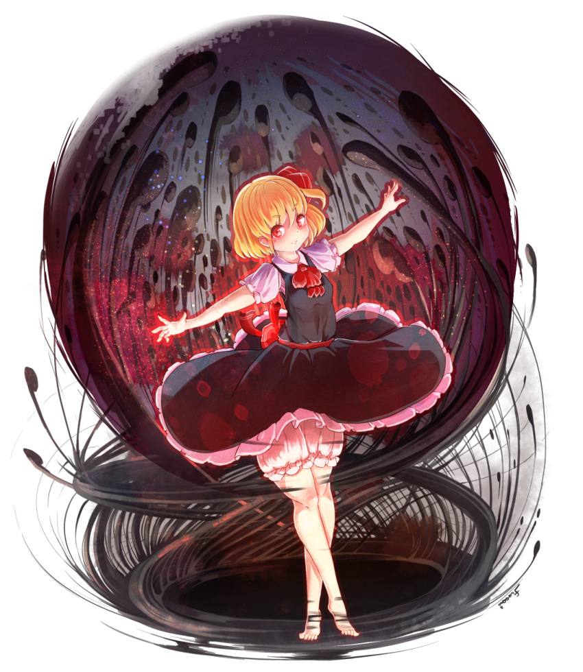 1girl artist_name ascot aura barefoot black_skirt black_vest blonde_hair bloomers blush bow collared_shirt darkness energy frilled_skirt frills furim hair_bow highres legs looking_at_viewer open_hands orb outstretched_arms red_eyes rumia shirt skirt skirt_lift skirt_set solo thighs toes touhou underwear white_background white_shirt