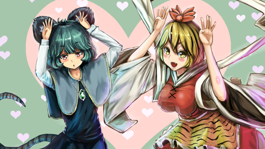 2girls :d animal_ears arms_up blush blush_stickers breasts capelet commentary_request fangs hair_ornament heart heart_background highres jewelry kikimifukuri long_sleeves looking_at_viewer mouse_ears mouse_tail multiple_girls nazrin necklace open_mouth pendant shawl short_hair smile tail tiger_print toramaru_shou touhou upper_body wide_sleeves
