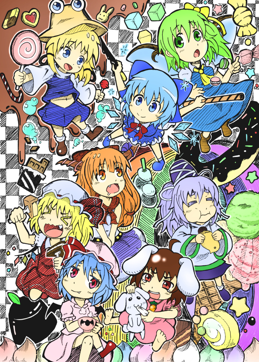 &gt;_&lt; 6+girls :3 :d animal_ears barefoot bat_wings blonde_hair blue_dress blue_eyes blue_hair blue_ribbon bow brown_eyes brown_hair cake candy candy_cane carrot carrot_necklace checkerboard_cookie checkered checkered_background chibi chocolate chocolate_bar cirno closed_eyes cookie crossed_legs crystal cup daiyousei doughnut dress eating fairy_wings fang flandre_scarlet food fork green_hair green_ice_cream hair_bow hair_ribbon hat hat_ribbon highres holding_fork horn_ribbon horns ibuki_suika ice ice_cream ice_cream_cone ice_wings inaba_tewi japanese_clothes jewelry kariginu lollipop long_sleeves looking_at_viewer looking_up mob_cap mononobe_no_futo moriya_suwako multiple_girls oni open_mouth orange_hair otsu_kinoto pendant pink_dress pocky ponytail pudding puffy_short_sleeves puffy_sleeves purple_hair rabbit rabbit_ears red_bow red_eyes red_ribbon remilia_scarlet ribbon shirt short_hair short_sleeves side_ponytail sitting skirt skirt_set sleeveless sleeveless_shirt smile standing strawberry_ice_cream sweets swirl_lollipop swiss_roll tate_eboshi tearing_up touhou triple_scoop vanilla_ice_cream wide_sleeves wings
