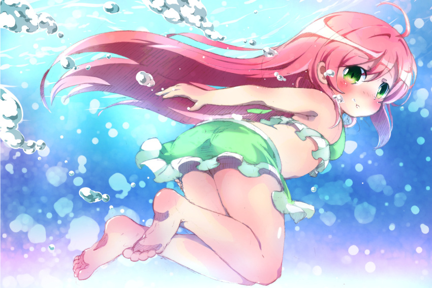 1girl air_bubble barefoot blush breath bubble feet freediving green_eyes holding_breath long_hair looking_at_viewer mochizuki_usagi original redhead soles solo swimming swimsuit toes underwater