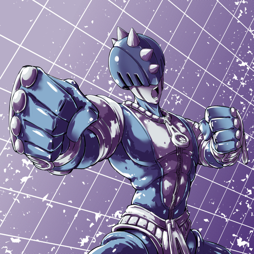 clenched_hands fighting_stance fish.boy foreshortening halftone halftone_background highres jojo_no_kimyou_na_bouken no_humans open_mouth solo spikes stand_(jojo) sticky_fingers_(stand) zipper