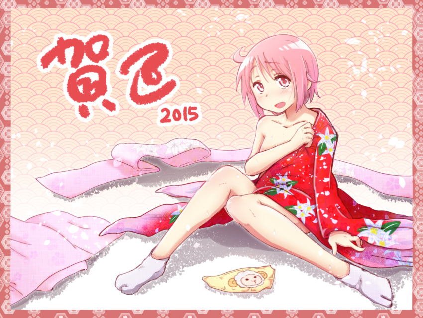 1girl 2015 hirame_guard japanese_clothes kikkoumon new_year nonohara_yuzuko pink_hair seigaiha short_hair solo tabi yuyushiki